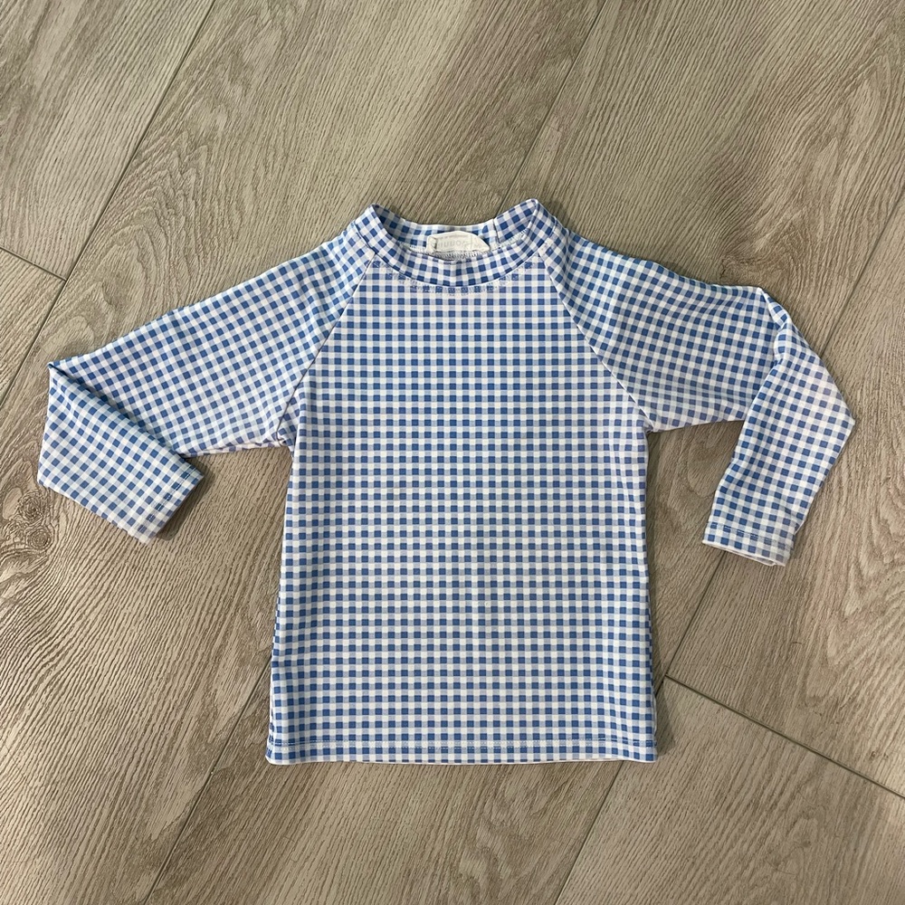 Minnow unisex Blue and White Gingham Long Sleeve Rashguard, size 2T
